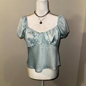 Blue Rain Blouse Top Women Large Light Blue Polka Dot Puff Sleeve Coquette Fairy